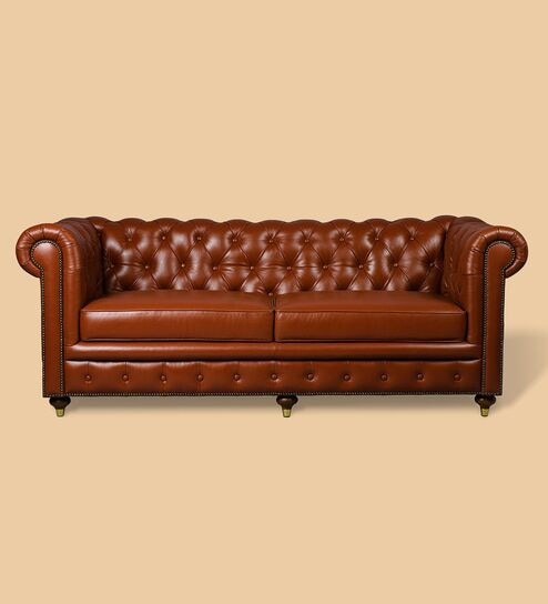 Chesterfield Leather Three Seater Sofa in Cognac Colour