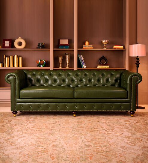 Chesterfield Leather Three Seater Sofa in Olive Green Color