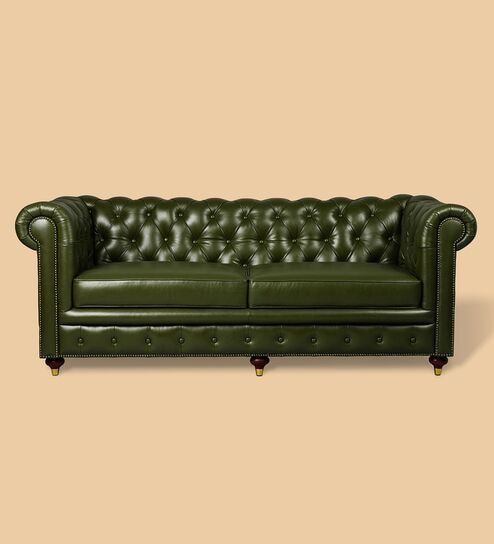 Chesterfield Leather Three Seater Sofa in Olive Green Colour