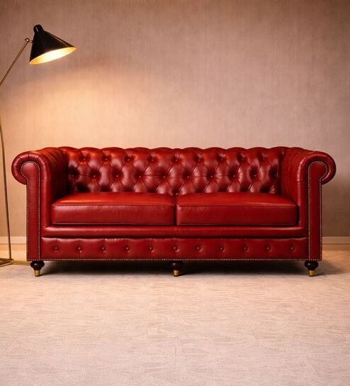 Chesterfield Leather Three Seater Sofa in Red Color