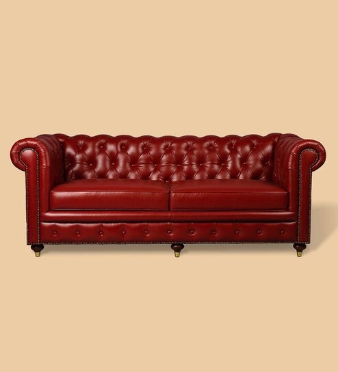 Chesterfield Leather Three Seater Sofa in Red Colour