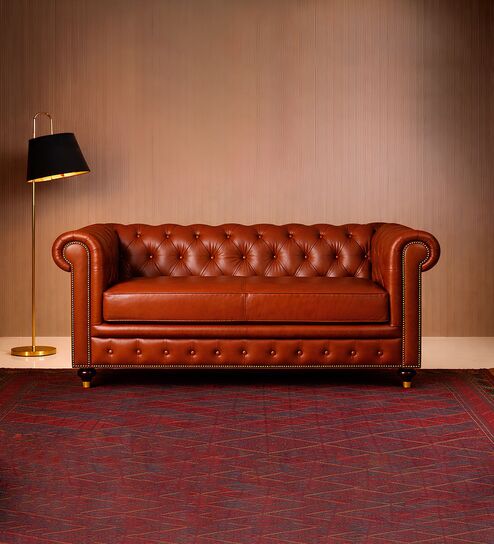Chesterfield Leather Two Seater Sofa in Cognac Colour