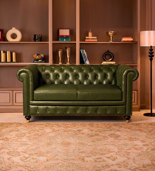 Chesterfield Leather Two Seater Sofa in Olive Green Colour