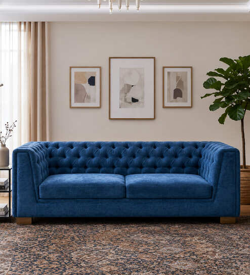 Chesterfield Sal Wood 3 Seater Sofa In Blue Colour