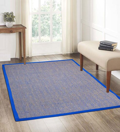 Blue Chevron Jute & Cotton Woven 5X7 Ft Carpet