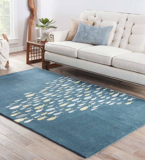 Blue Wool And Viscose Floral 5 x 8 Feet Hand Tufted Carpet