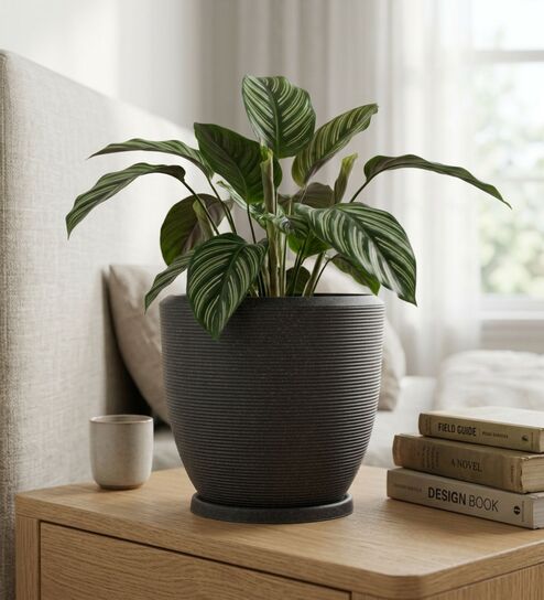 CHIA Grey 12 Inch German Polymer Round Plant Container With Saucer