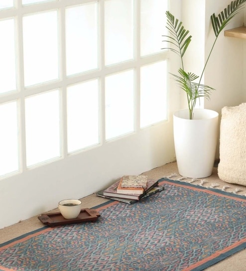 Chintz Handprinted Block Print Cotton 3x5 ft Rug Coral & Powder Blue