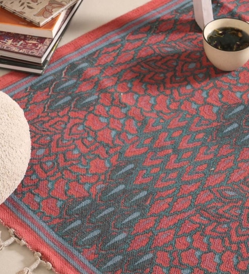 Chintz Handprinted Block Print Cotton 3x5 ft Rug Coral & Teal
