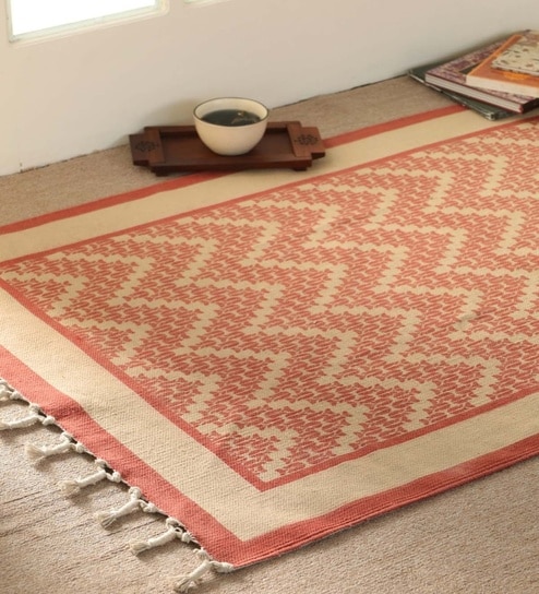 Chintz Handprinted Block Print Cotton 3x5 ft Rug Ivory & Coral Chevron