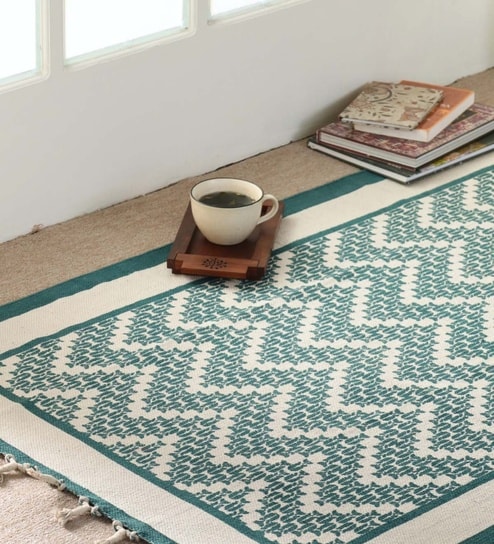 Chintz Handprinted Block Print Cotton 3x5 ft Rug Ivory & Green Chevron
