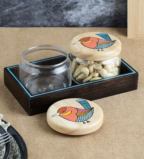 Chiraiya Round Glass Jars with Hand Painted Gond Art Wooden Lids - Set of Two