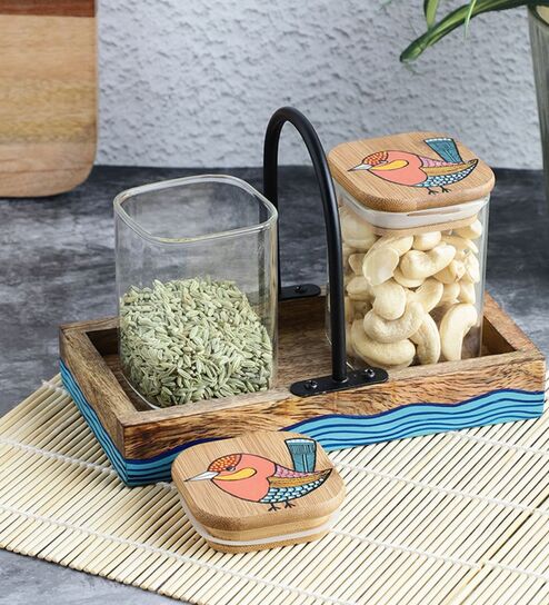 Chiraiya Square Glass Jars with Gond Art Wooden Lids and Tray - Set of Two