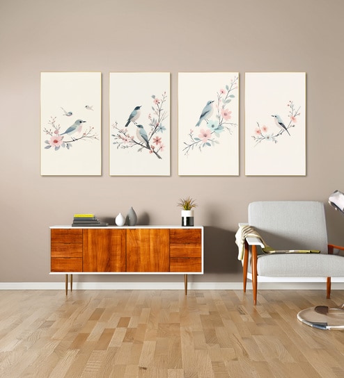 Birds Wall Art Set of 4 Canvas Wall Painting Gold Frame