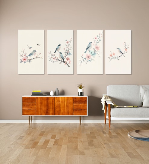 Birds Wall Art Set of 4 Canvas Wall Painting White Frame