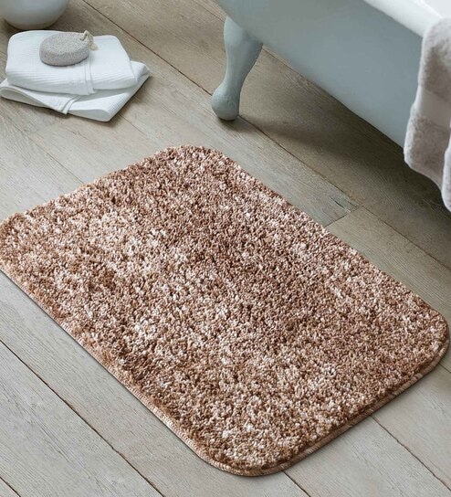 Brown Solid Shaggy Polyester 24x16 Inches AntiSkid Bath Mat