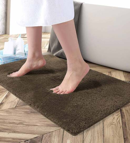Brown Solid Microfibre 30x18 Inches AntiSkid Bath Mat by Luxe Home International