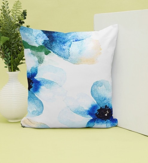 Christmas Collection Blue Floral Satin 16X16 Inches Cushion Cover