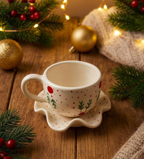 Christmas Theme Ceramic Tea Cup & Saucer (Red & White)