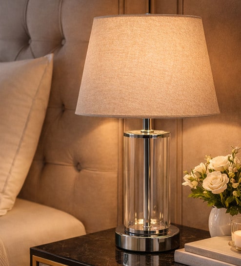 Chrome Glass Table Lamp With Metal Base and Champagne Cotton Fabric Shade