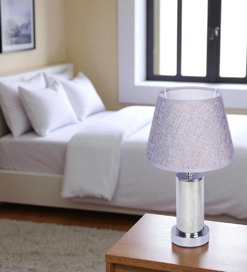 Chrome Glass Table Lamp With Metal Base and Grey Cotton Fabric Shade