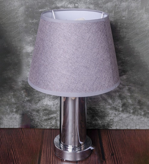 Chrome Glass Table Lamp With Metal Base and Grey Cotton Fabric Shade