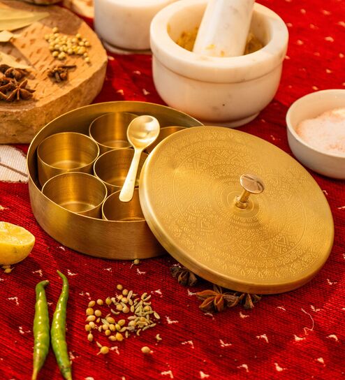 Chutki Masala Box Handcrafted Brass Spice Box with 7 Containers