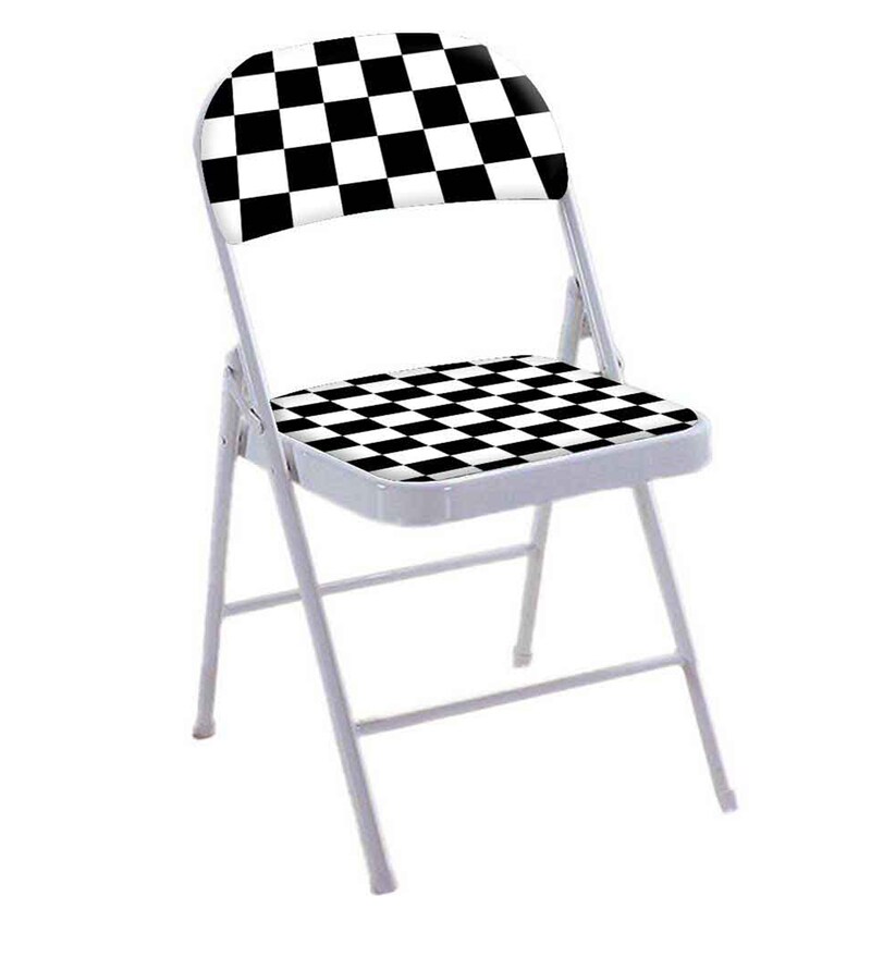 Buy Checkered Designer Metal Folding Chair in White Matt Colour by