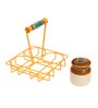 Handpainted Yellow Ceramic, Wood & Metal 4 Pcs Barni With Metal Stand