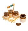 Handpainted Yellow Ceramic, Wood & Metal 4 Pcs Barni With Metal Stand