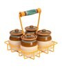 Handpainted Yellow Ceramic, Wood & Metal 4 Pcs Barni With Metal Stand