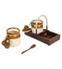 Natural Brown  Glass and Wood 2 Pcs Condiment Jars with Tray