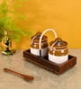 Natural Brown  Glass and Wood 2 Pcs Condiment Jars with Tray