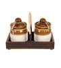 Natural Brown  Glass and Wood 2 Pcs Condiment Jars with Tray