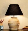 Levo Black Cotton Shade Night Lamp With Wood Base