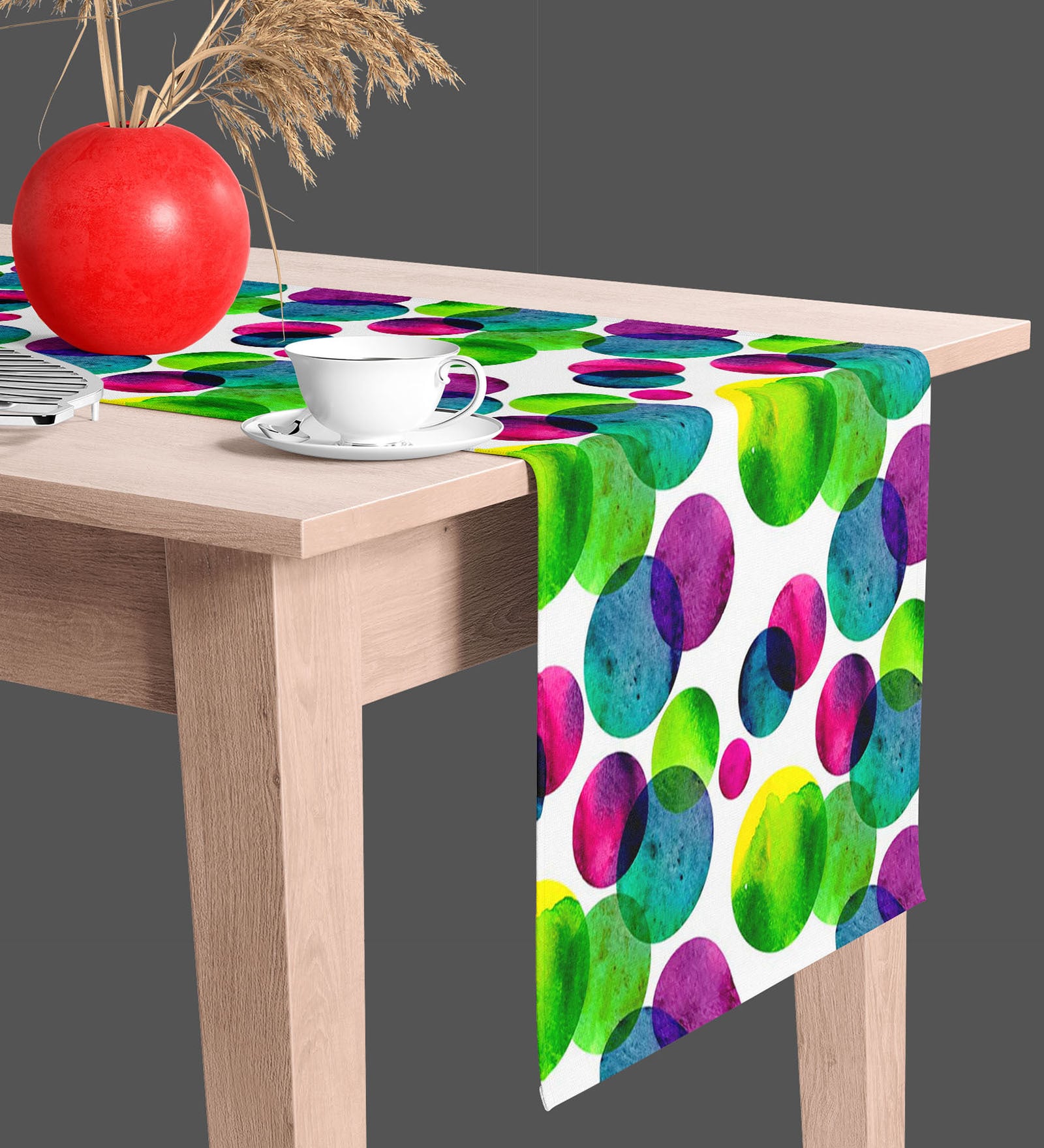 Circles On White   Multicolor (84 x 16) Velvet Table Runner