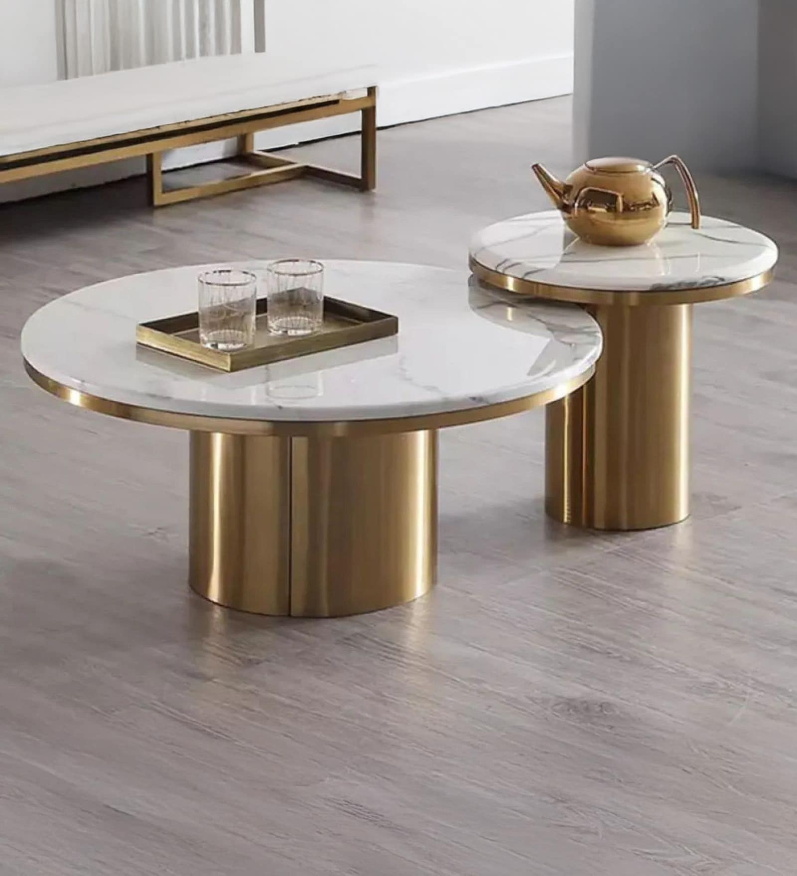 Circular Marble Nesting Coffee Table In white & Glossy Gold Finish (Set of 2)