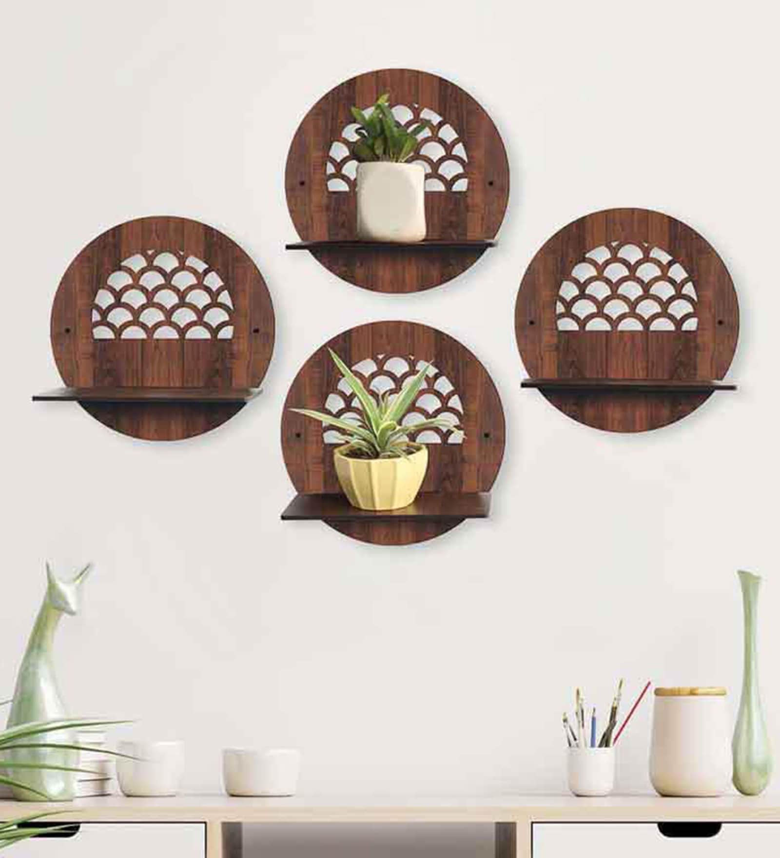Circular Modern Shelves with Walnut Finish Set of Four