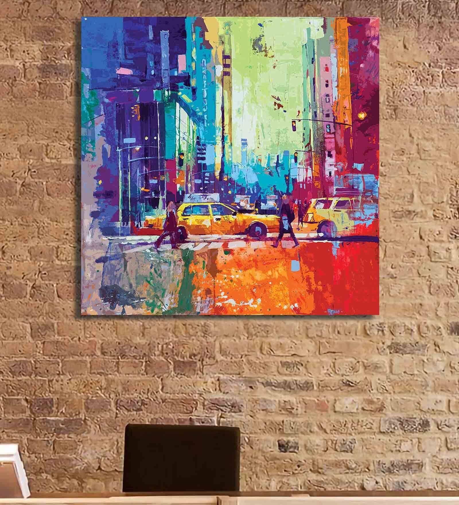City Life Multicolour Canvas Teakwood And MDF Framed People and Places Art Print