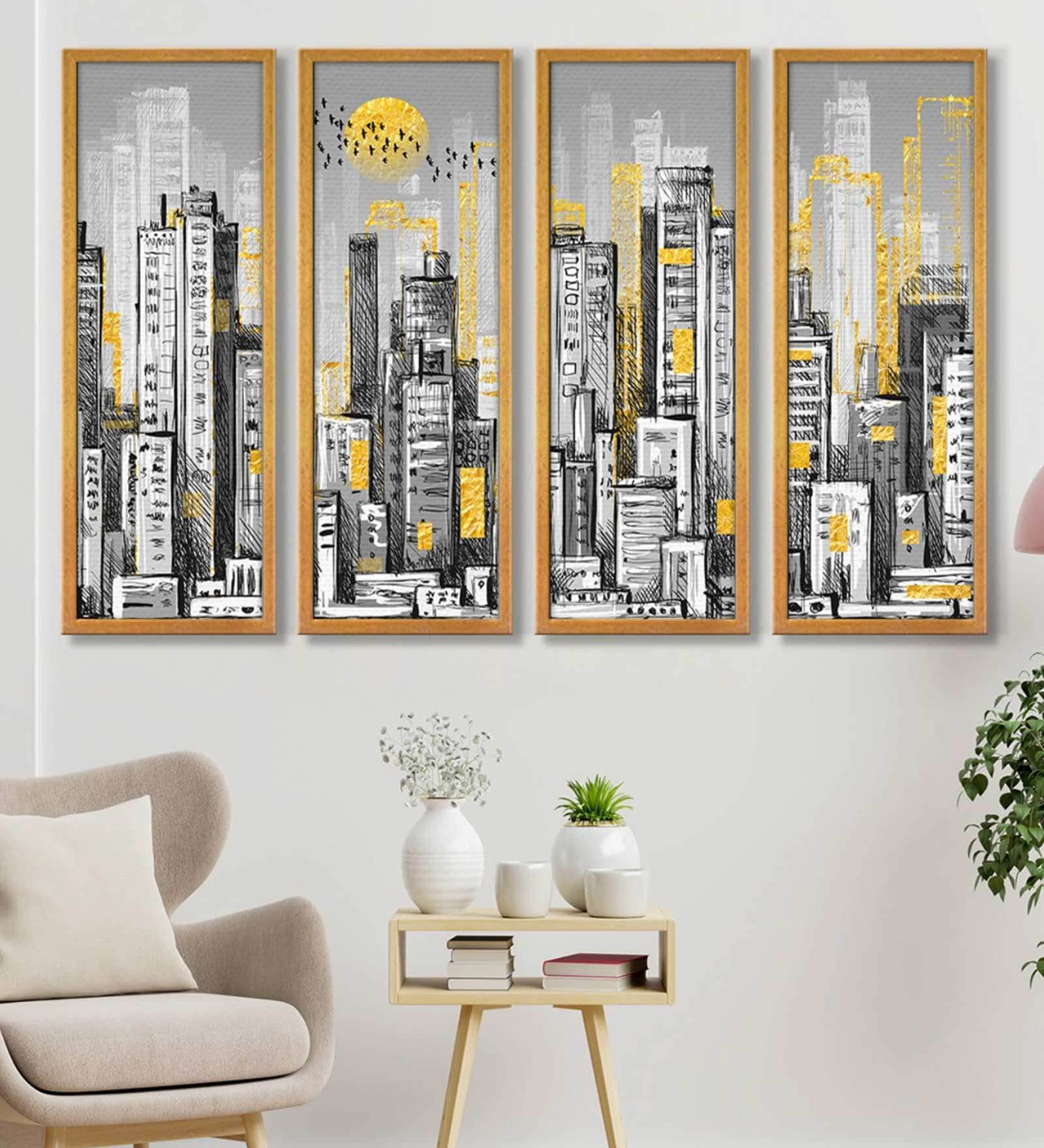 City Scapes Multicolour Canvas Framed Art Panel Set of 4