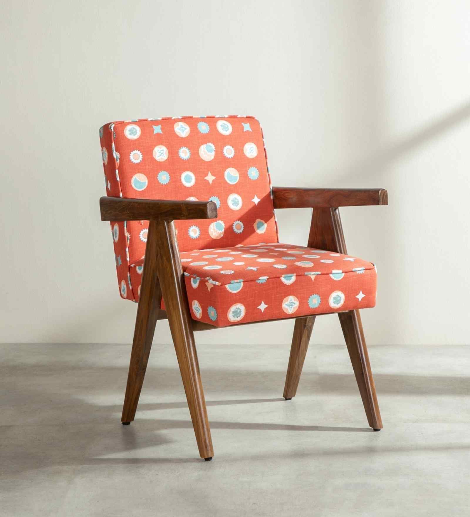 Civic Accent Teak Wood Arm Chair in Orange Fabric