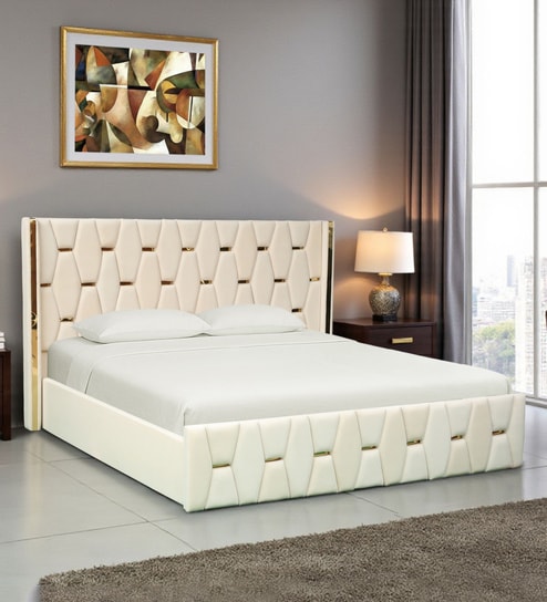 Ciera Velvet Upholstered King Size Bed In White color With Box Storage