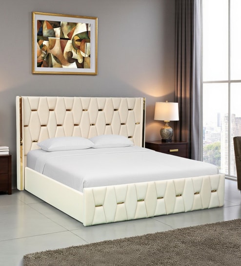 Ciera Velvet Upholstered Queen Size Bed In White color With Box Storage