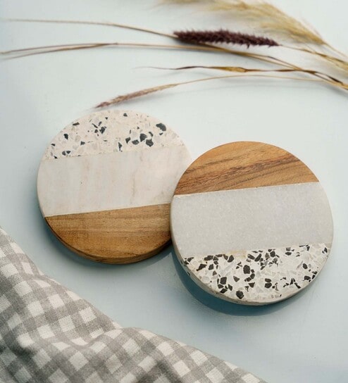 Circular White & Brown Marble & MDF (Set of 2) Table Coaster