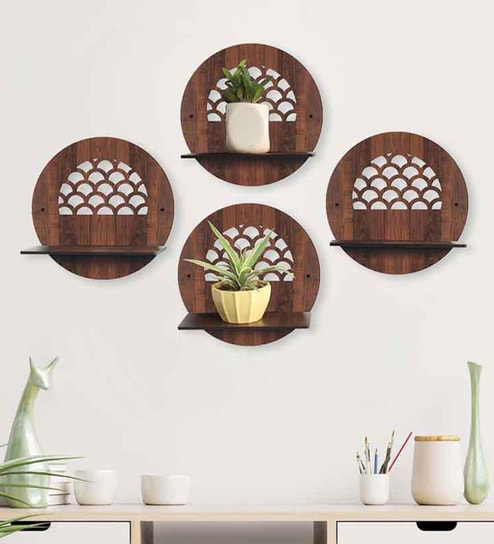 Circular Modern Shelves with Walnut Finish Set of Four