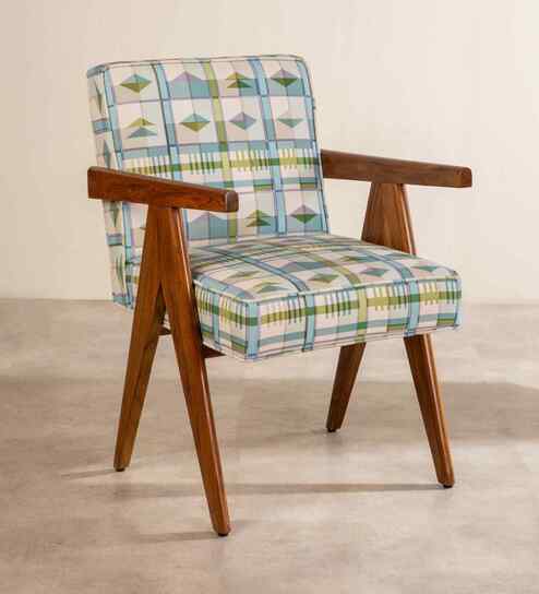Civic Accent Teak Wood Arm Chair in Blue Fabric