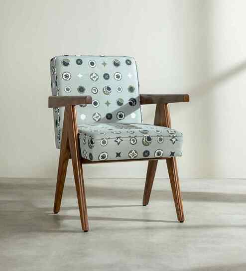 Civic Accent Teak Wood Arm Chair in Grey Fabric