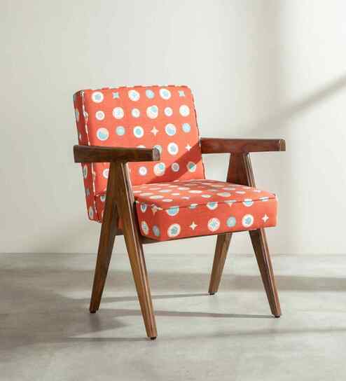 Civic Accent Teak Wood Arm Chair in Orange Fabric
