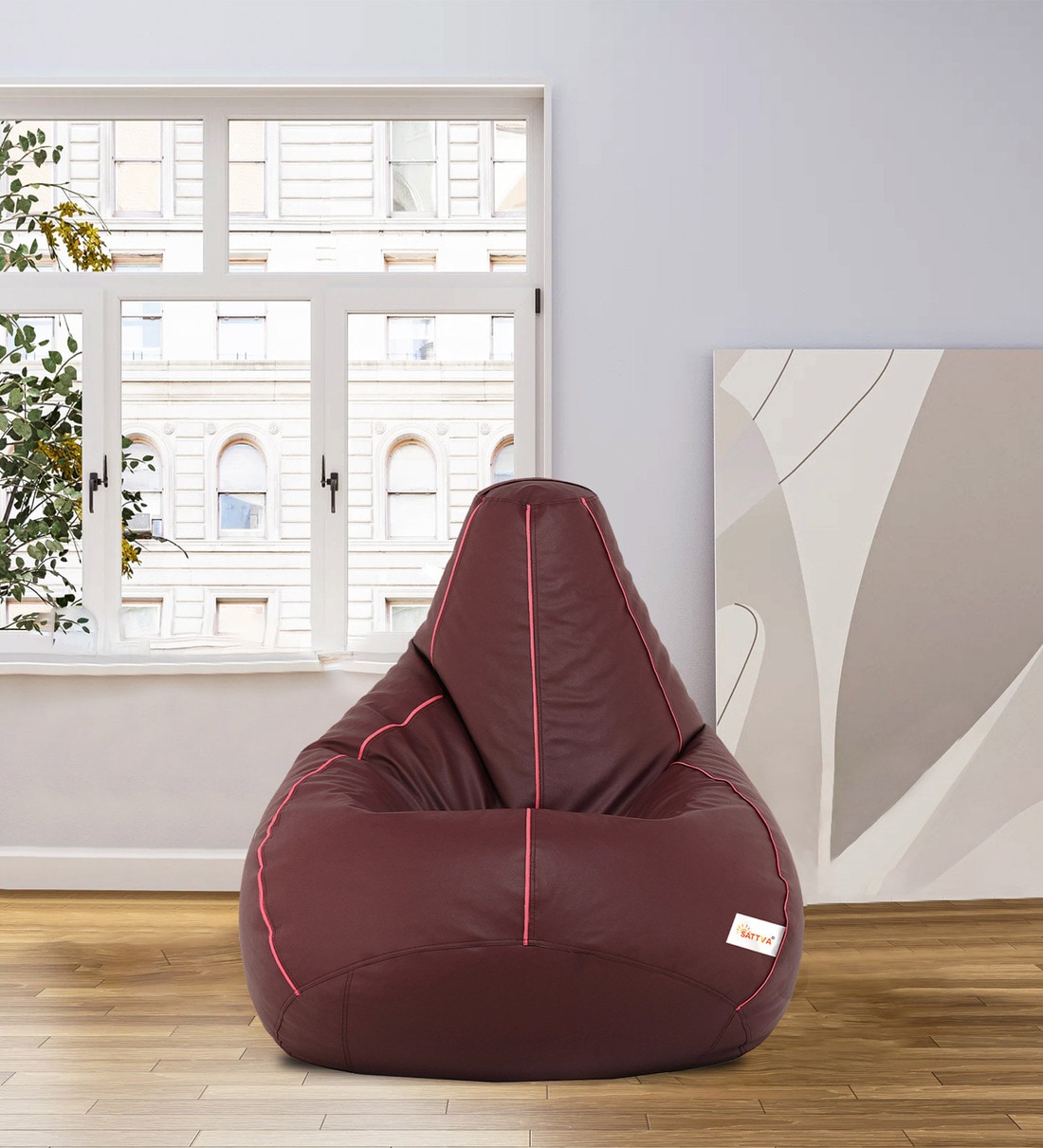 Buy Classic Combo Xxl Filled Bean Bag & Round Pouffe In Maroon Colour 