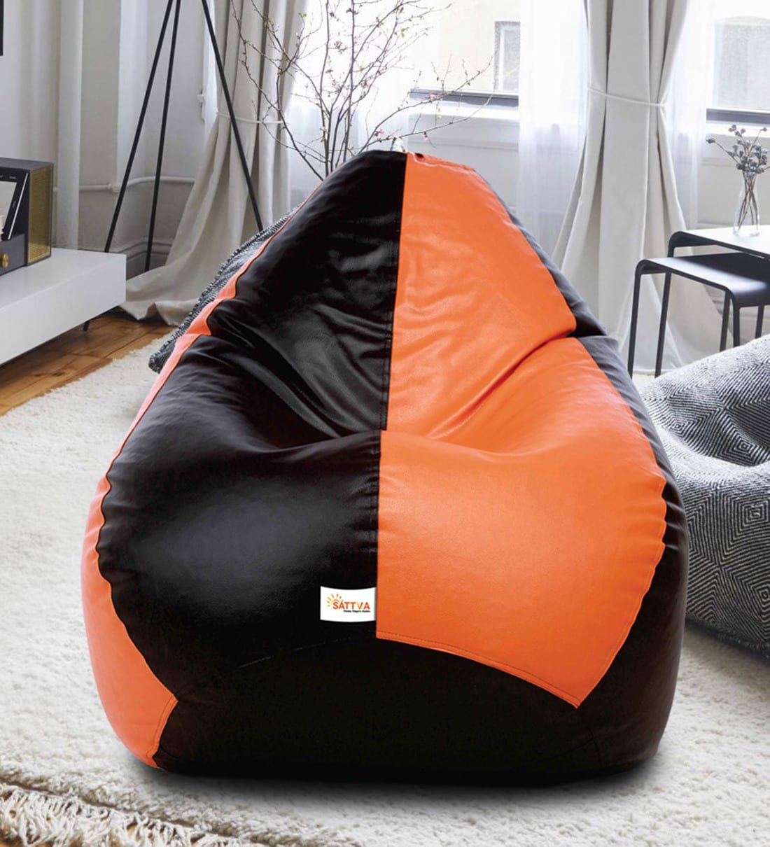 Buy Classic XXXL Bean Bag Filled with Beans in Black & Orange Colour by